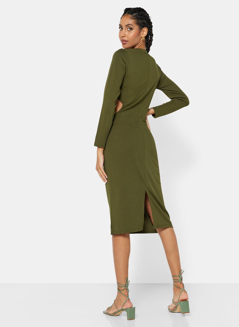 STYLISTPARK - Ribbed Cut Out Midi Dress Green - Image 1