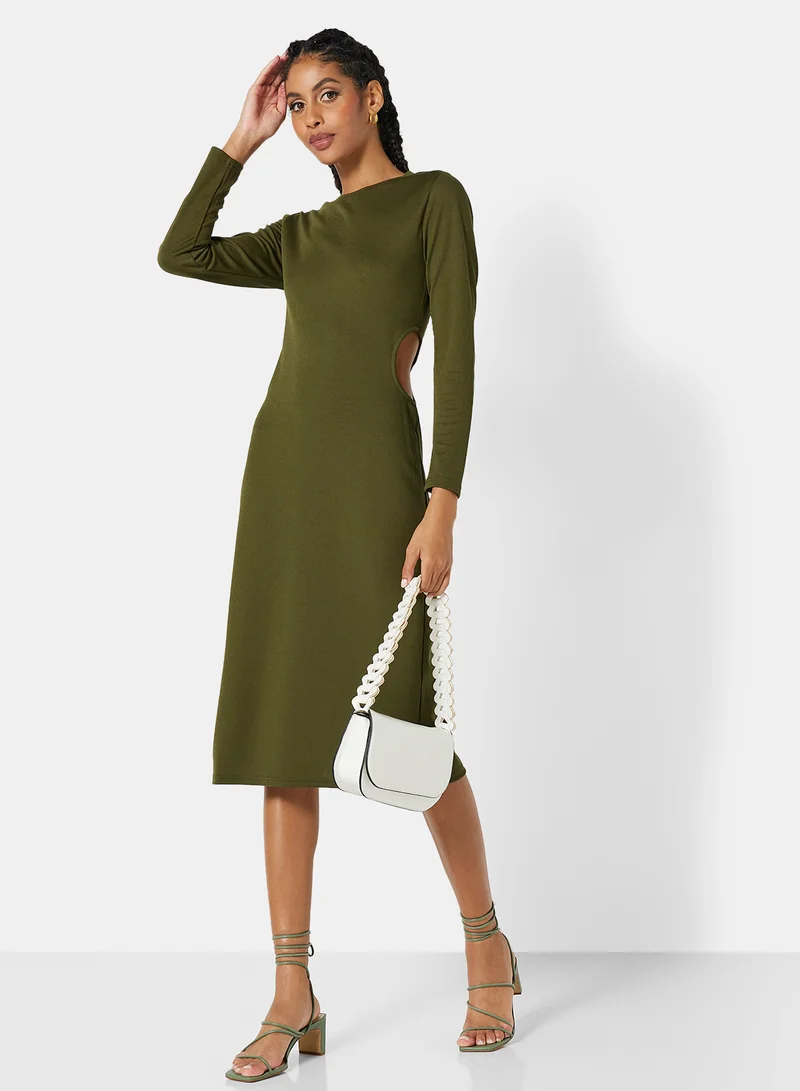 STYLISTPARK Ribbed Cut Out Midi Dress Green