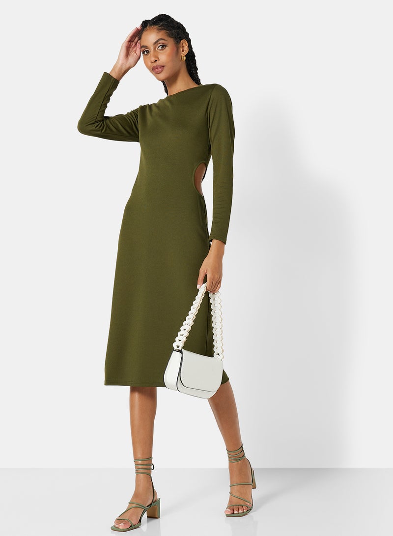STYLISTPARK - Ribbed Cut Out Midi Dress Green - Image 1