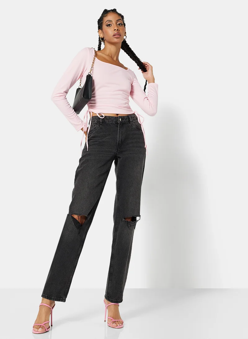 ستايلست بارك Ruched Square Neck T-Shirt Pink