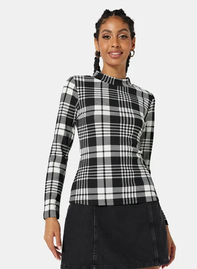 STYLISTPARK Plaid Long Sleeve Top Black/White