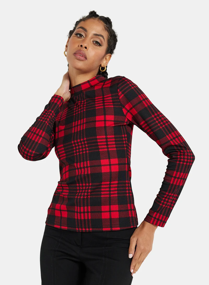 STYLISTPARK Plaid Long Sleeve Top Red/Black