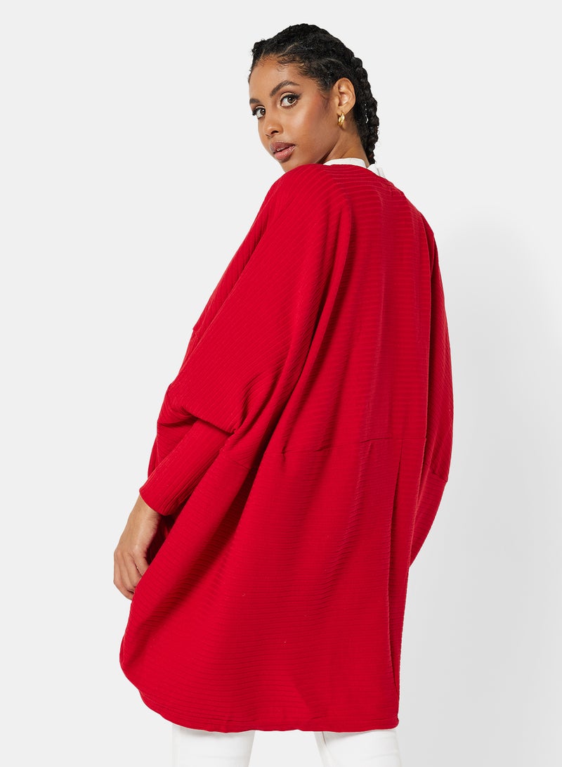 STYLISTPARK - Ribbed Balloon Sleeve Poncho Red - Image 1