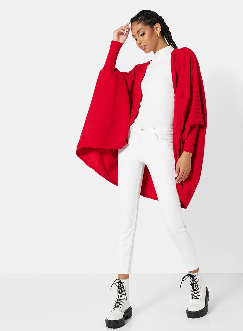 STYLISTPARK - Ribbed Balloon Sleeve Poncho Red - Image 1