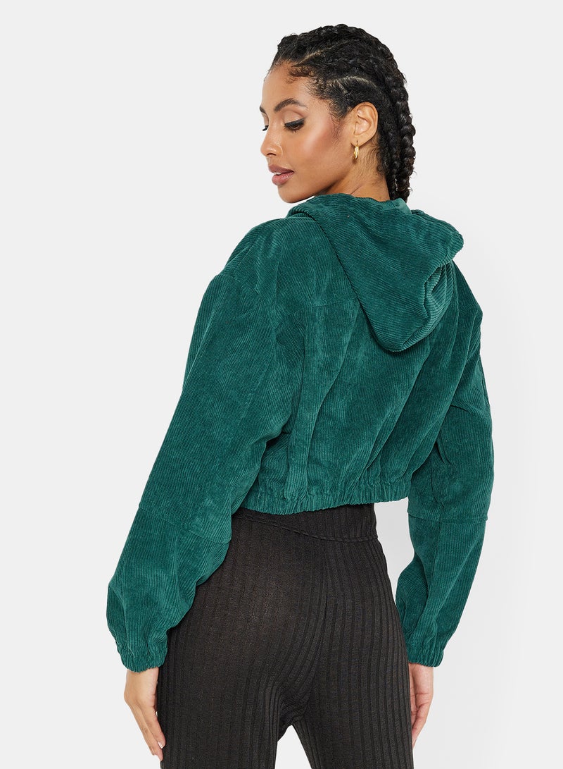 STYLISTPARK - Corduroy Zip Through Crop Hoodie Green - Image 1