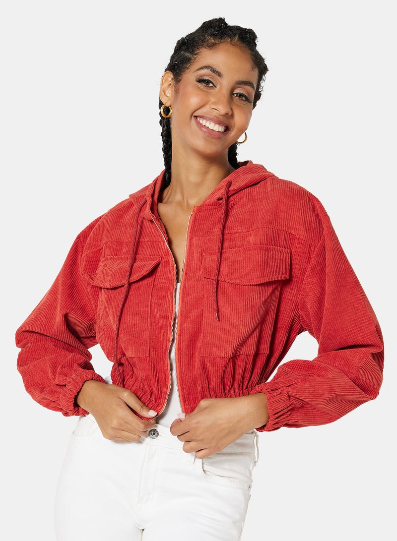 STYLISTPARK - Corduroy Zip Through Crop Hoodie Red - Image 1