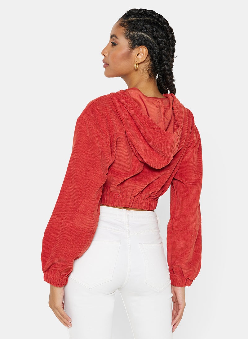 STYLISTPARK - Corduroy Zip Through Crop Hoodie Red - Image 1