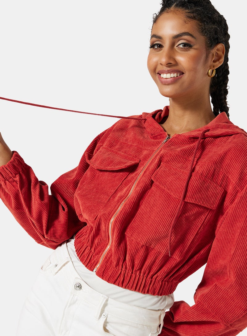 STYLISTPARK - Corduroy Zip Through Crop Hoodie Red - Image 1