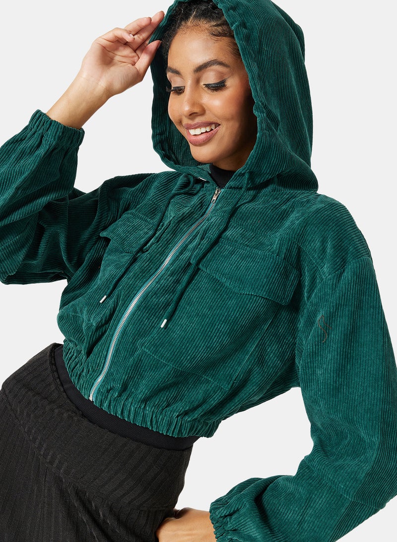 STYLISTPARK - Corduroy Zip Through Crop Hoodie Green - Image 1