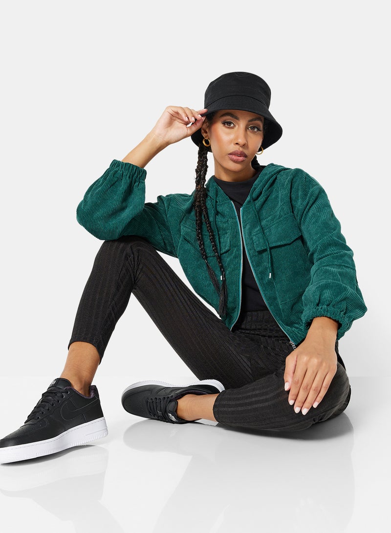 STYLISTPARK - Corduroy Zip Through Crop Hoodie Green - Image 1