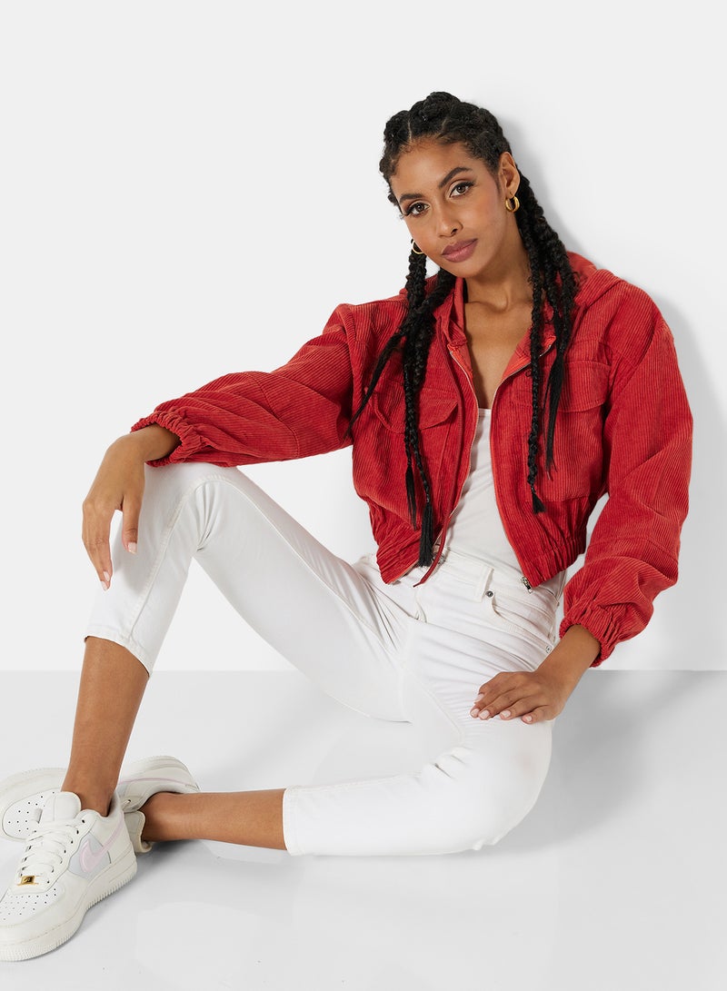 STYLISTPARK - Corduroy Zip Through Crop Hoodie Red - Image 1