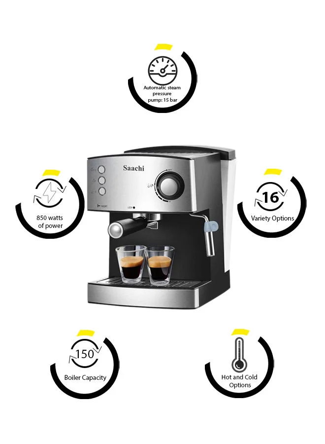 Saachi All-In-One Coffee Maker to make Espresso, Cappuccino and Latte with 15 Bar Steam Pressure Pump, Svivel Steam Jet to Froth Milk and Keep Warm Tray 150 ml 850 W NL-COF-7055 Black/Silver