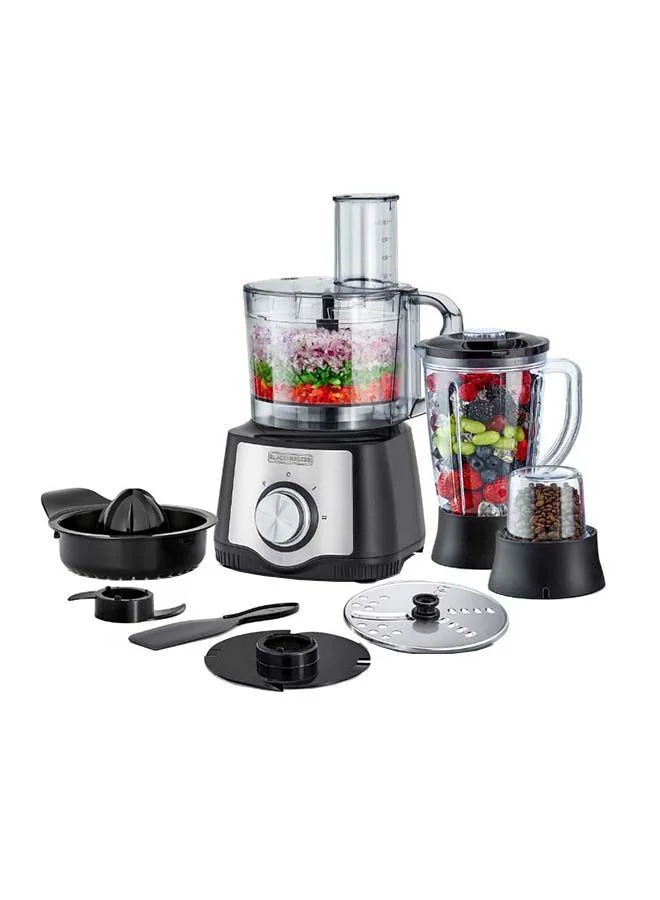 BLACK+DECKER Food Processor, 1.5L Bowl, 29 Functions, Blender, Mill, Juicer, Stainless Steel Blade, 2 Speeds + Pulse, Reversible Slicing & Shredding Disc, Compact 6-in-1 Design, 600 W FX650-B5 Black/Silver