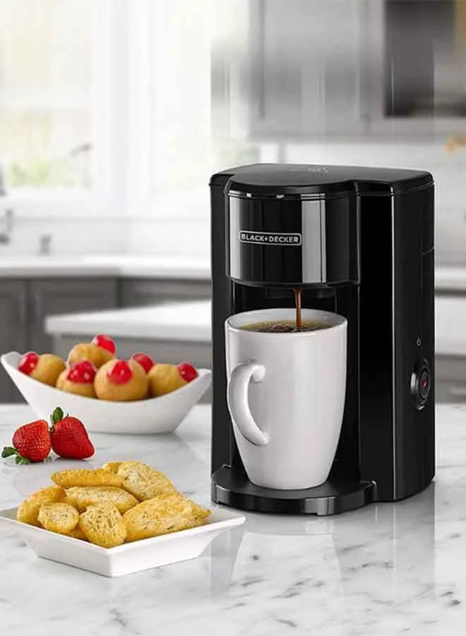 BLACK+DECKER Coffee Maker, Compact One-Cup Coffee Machine with Ceramic Mug, Auto Shut-Off, Durable Nylon Filter, One-Button Control, For Drip Espresso, 125 ml 350 W DCM25N-B5 Jet Black