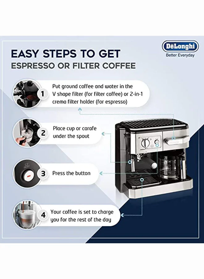 De'Longhi Combi 3 in 1 Coffee Maker, 15 Bar, 1.7 L 1750 W BCO420 Silver/Black