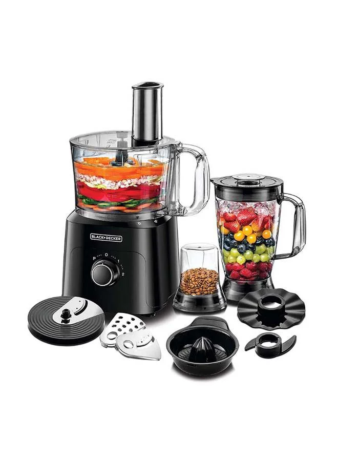 BLACK+DECKER 5-in-1 Food Processor, 2L Processing Bowl, 1.8L Blender Jar with Stainless Steel Blades, 34 Functions for Chopping, Slicing, Shredding, Compact Design, 750 W FX775-B5 Black
