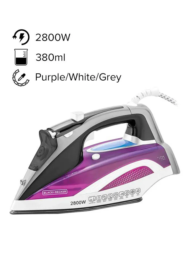 BLACK+DECKER Digital Steam Iron, LCD Display, Anodized Soleplate, Fabric Selection Guide, Dry/Eco/Boost Modes, Variable Steam, Quick Preset Controls, Self-Clean Function, 380 ml 2800 W X2250-B5 Purple/White/Grey