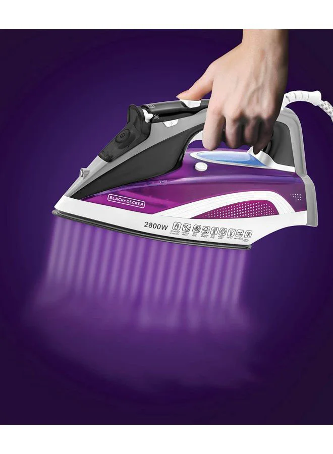 BLACK+DECKER Digital Steam Iron, LCD Display, Anodized Soleplate, Fabric Selection Guide, Dry/Eco/Boost Modes, Variable Steam, Quick Preset Controls, Self-Clean Function, 380 ml 2800 W X2250-B5 Purple/White/Grey