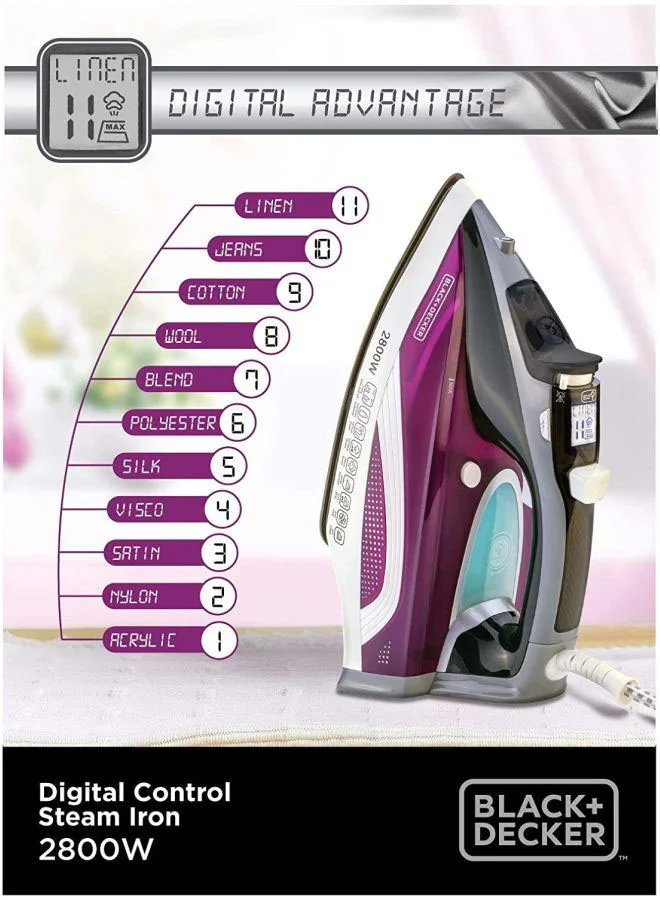 BLACK+DECKER Digital Steam Iron, LCD Display, Anodized Soleplate, Fabric Selection Guide, Dry/Eco/Boost Modes, Variable Steam, Quick Preset Controls, Self-Clean Function, 380 ml 2800 W X2250-B5 Purple/White/Grey