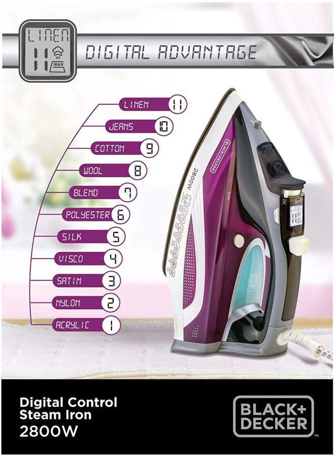 BLACK+DECKER - Digital Steam Iron, LCD Display, Anodized Soleplate, Fabric Selection Guide, Dry/Eco/Boost Modes, Variable Steam, Quick Preset Controls, Self-Clean Function, 380 ml 2800 W X2250-B5 Purple/White/Grey - Image 1