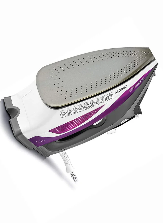 BLACK+DECKER Digital Steam Iron, LCD Display, Anodized Soleplate, Fabric Selection Guide, Dry/Eco/Boost Modes, Variable Steam, Quick Preset Controls, Self-Clean Function, 380 ml 2800 W X2250-B5 Purple/White/Grey