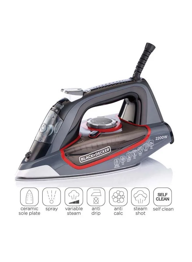 BLACK+DECKER Steam Iron with Ceramic Soleplate, 380ml Water Tank, Powerful Steam Burst, Adjustable Thermostat, Shockproof Body, 27 Steam Vents for Even Heat Distribution, 380 ml 2200 W X2050-B5 Grey/Black