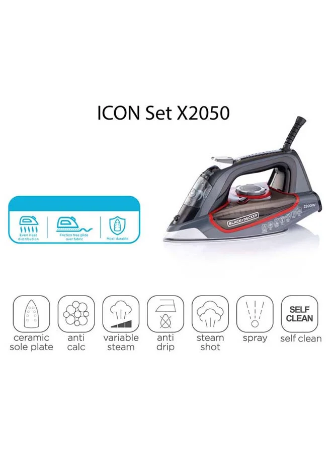 BLACK+DECKER Steam Iron with Ceramic Soleplate, 380ml Water Tank, Powerful Steam Burst, Adjustable Thermostat, Shockproof Body, 27 Steam Vents for Even Heat Distribution, 380 ml 2200 W X2050-B5 Grey/Black