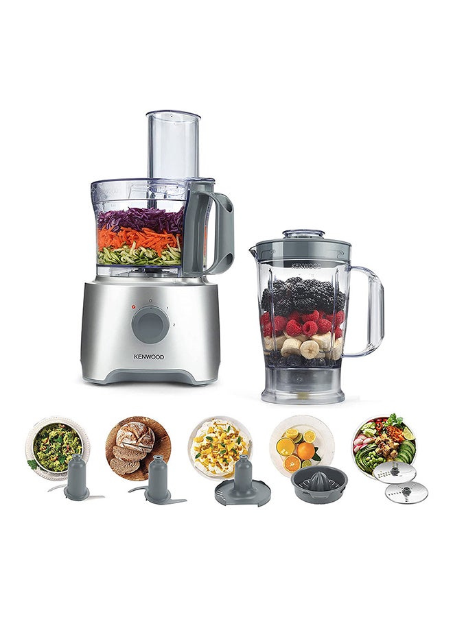 Food Processor Multi-Functional With 2 Stainless Steel Disks, Blender, Whisk, Dough Maker, Citrus Juicer 2.1 L 800 W FDP304 Silver/Clear
