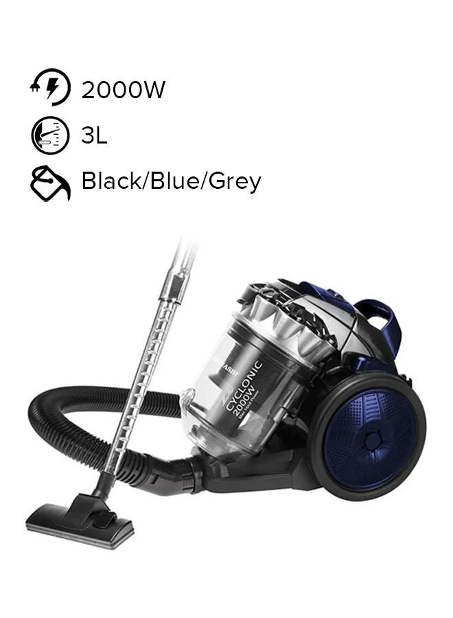 SONASHI Multi-Cyclonic Bagless Vacuum Cleaner with 5M Cable Length | Powerful Suction with Strong Power | Speed Control & Low Noise 3 L 2000 W SVC-9028C Black/Blue/Grey 