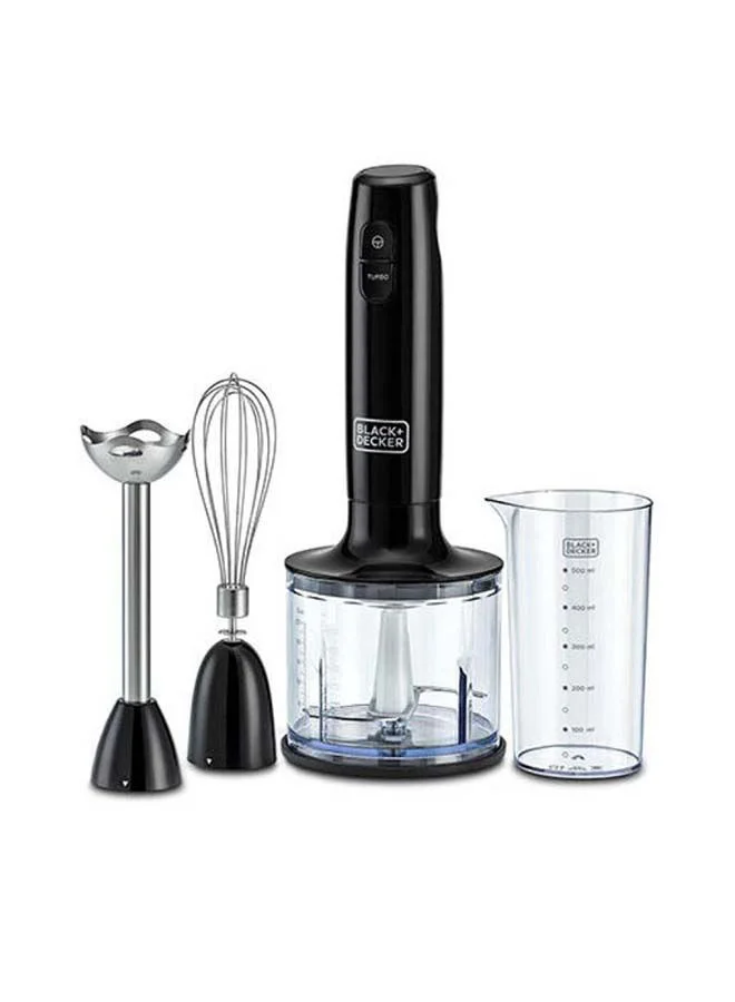 BLACK+DECKER Hand Blender, 600ml Chopping Bowl, 500ml Beaker, Stainless Steel Blades, Dual Speed, 3-in-1 Functionality, Anti-Slip, Perfect for Blending, Chopping, Whisking, HB600-B5 Black/Clear