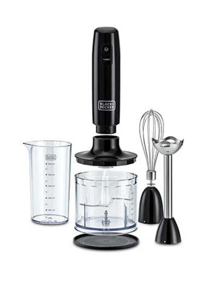 BLACK+DECKER Hand Blender, 600ml Chopping Bowl, 500ml Beaker, Stainless Steel Blades, Dual Speed, 3-in-1 Functionality, Anti-Slip, Perfect for Blending, Chopping, Whisking, HB600-B5 Black/Clear