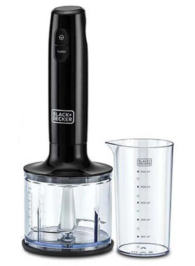 BLACK+DECKER Hand Blender, 600ml Chopping Bowl, 500ml Beaker, Stainless Steel Blades, Dual Speed, 3-in-1 Functionality, Anti-Slip, Perfect for Blending, Chopping, Whisking, HB600-B5 Black/Clear