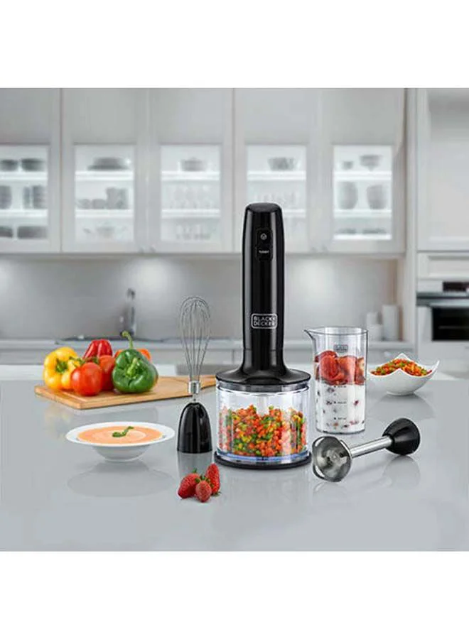 BLACK+DECKER Hand Blender, 600ml Chopping Bowl, 500ml Beaker, Stainless Steel Blades, Dual Speed, 3-in-1 Functionality, Anti-Slip, Perfect for Blending, Chopping, Whisking, HB600-B5 Black/Clear