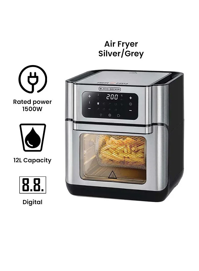 BLACK+DECKER Air Fryer Oven, Rapid Air Convection Technology, Digital Temperature Control, 90-Minute Timer, 10 Pre-Set Modes, Family-Sized Capacity, Oil-Free Cooking, 12 L 1500 W AOF100-B5 Silver