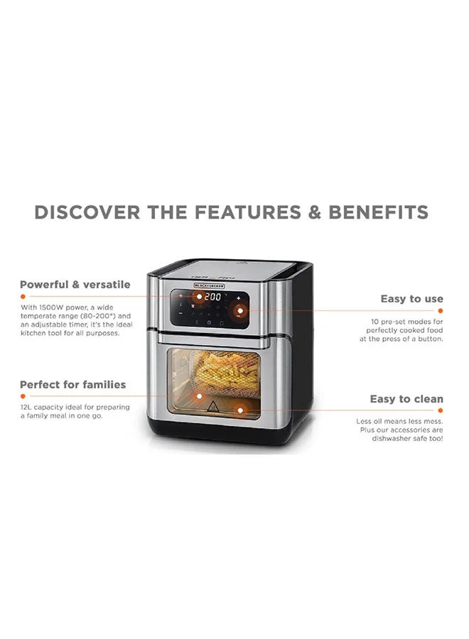 BLACK+DECKER Air Fryer Oven, Rapid Air Convection Technology, Digital Temperature Control, 90-Minute Timer, 10 Pre-Set Modes, Family-Sized Capacity, Oil-Free Cooking, 12 L 1500 W AOF100-B5 Silver