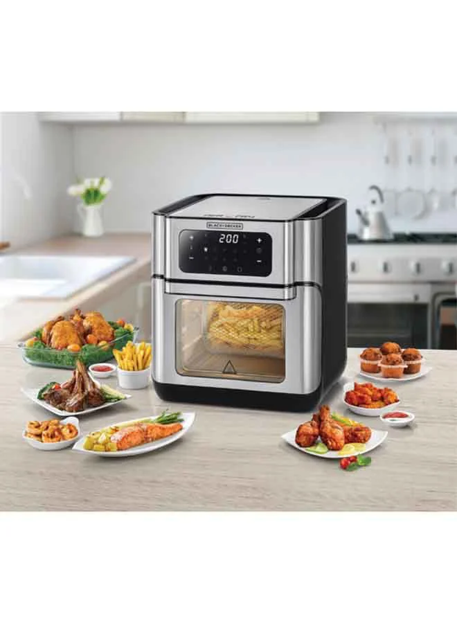 BLACK+DECKER Air Fryer Oven, Rapid Air Convection Technology, Digital Temperature Control, 90-Minute Timer, 10 Pre-Set Modes, Family-Sized Capacity, Oil-Free Cooking, 12 L 1500 W AOF100-B5 Silver
