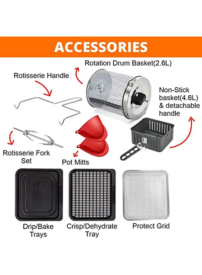 BLACK+DECKER Air Fryer Oven, Rapid Air Convection Technology, Digital Temperature Control, 90-Minute Timer, 10 Pre-Set Modes, Family-Sized Capacity, Oil-Free Cooking, 12 L 1500 W AOF100-B5 Silver
