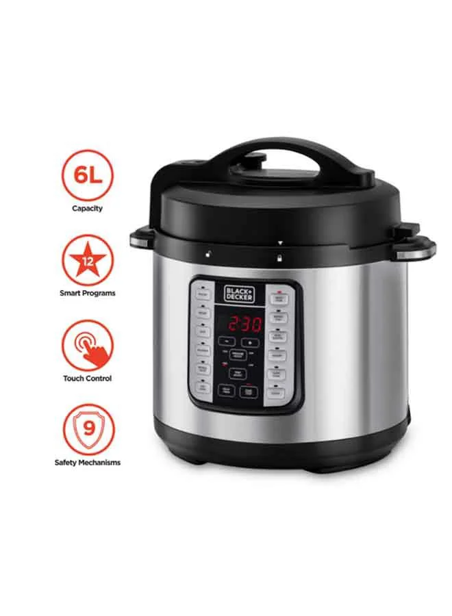BLACK+DECKER EZ Smart Steam Pot, Multi-Cooker, 7-in-1 Programmable Electric Pressure Cooker, Digital LED Display, Overheating Protection, Delay Timer, 6 L 1000 W PCP1000-B5 Silver/Black