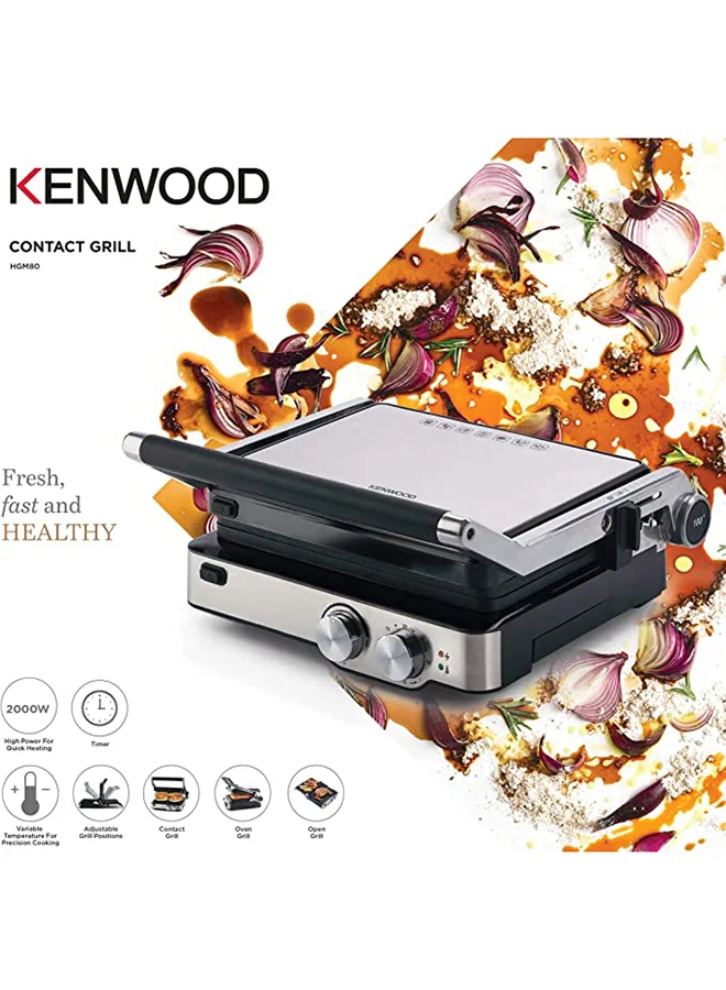 KENWOOD Health Grill, Variable Temperature Control, Adjustable Grill Positions, 180 Degree Opening Grill, Oven Grill, Timer, 2000 W HGM80.000SS Silver