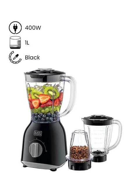 Blender with Grinder Mill, 2 x 1.0L Blender Jars, 2-Speed + Pulse Control, Detachable Blades, Twist-to-Lock System, Anti-Slip Feet, For Coffee, Herbs & Smoothies, 1 L 400 W BX365PR-B5 Black
