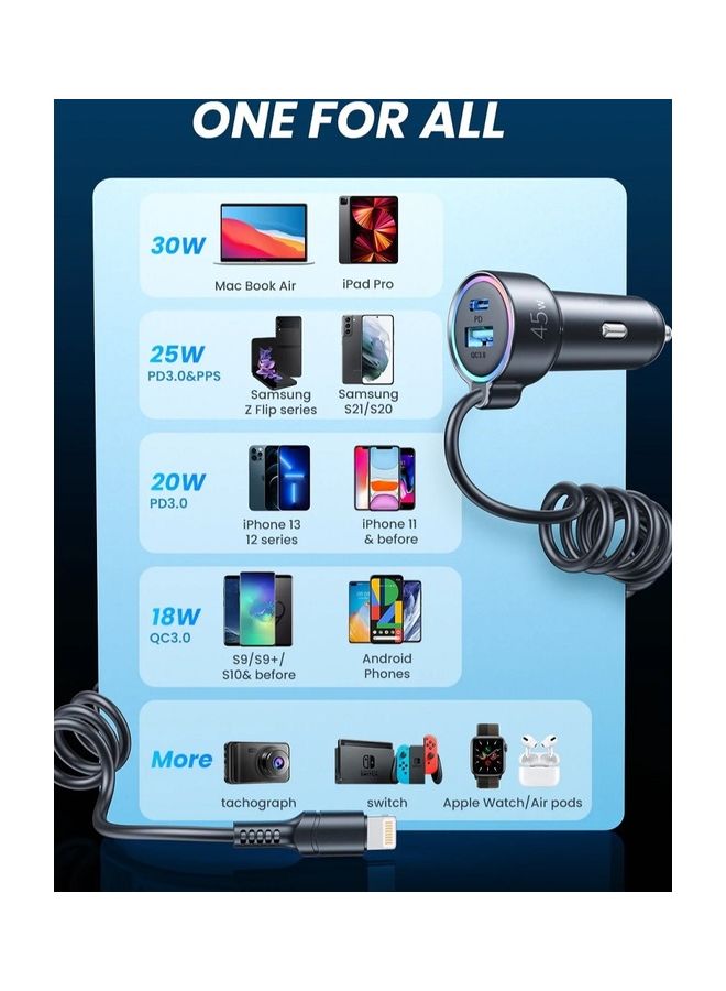 JOYROOM - 3 In 1 PD Type C USB Interface Car Charger With Lightning Pin Spring Data Cable 45W Black - Image 1