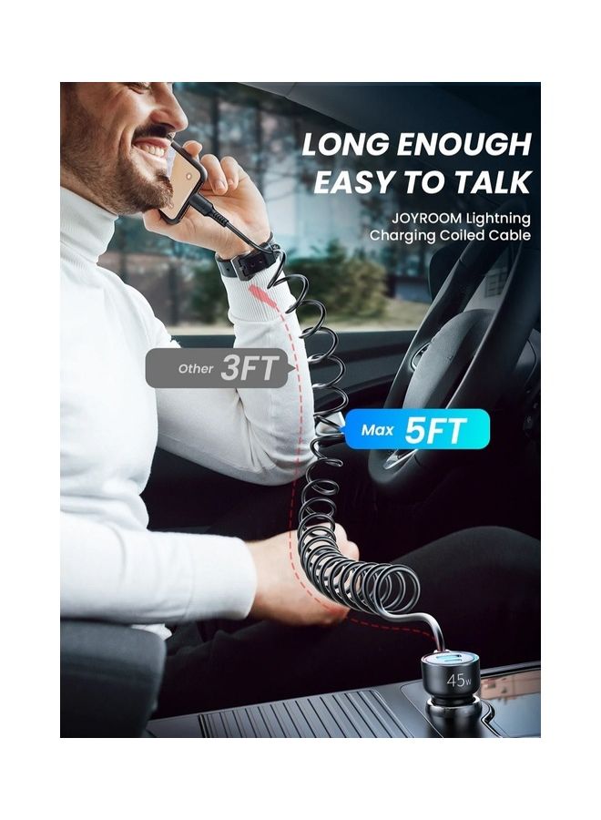 JOYROOM - 3 In 1 PD Type C USB Interface Car Charger With Lightning Pin Spring Data Cable 45W Black - Image 1