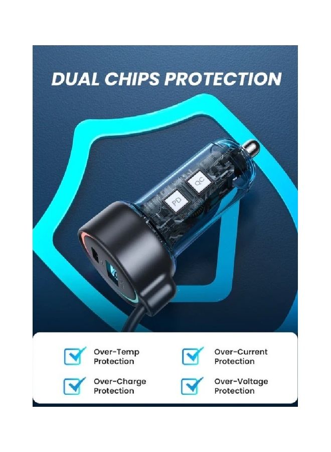 JOYROOM - 3 In 1 PD Type C USB Interface Car Charger With Lightning Pin Spring Data Cable 45W Black - Image 1