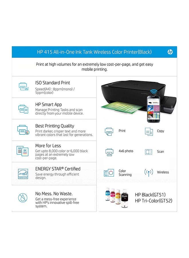 HP - Ink Tank 415 Wireless All-In-One Printer , Print, Copy, Scan Black - Image 1