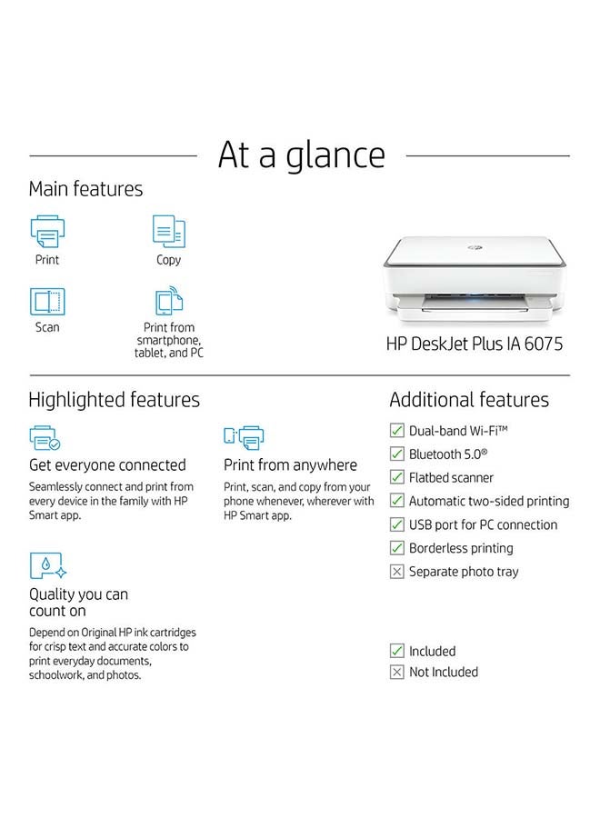 HP - DeskJet Plus Ink Advantage 6075 Printer, All-in-One, Wireless, Print, Copy & Scan Inkjet Printer [5SE22C] White - Image 1
