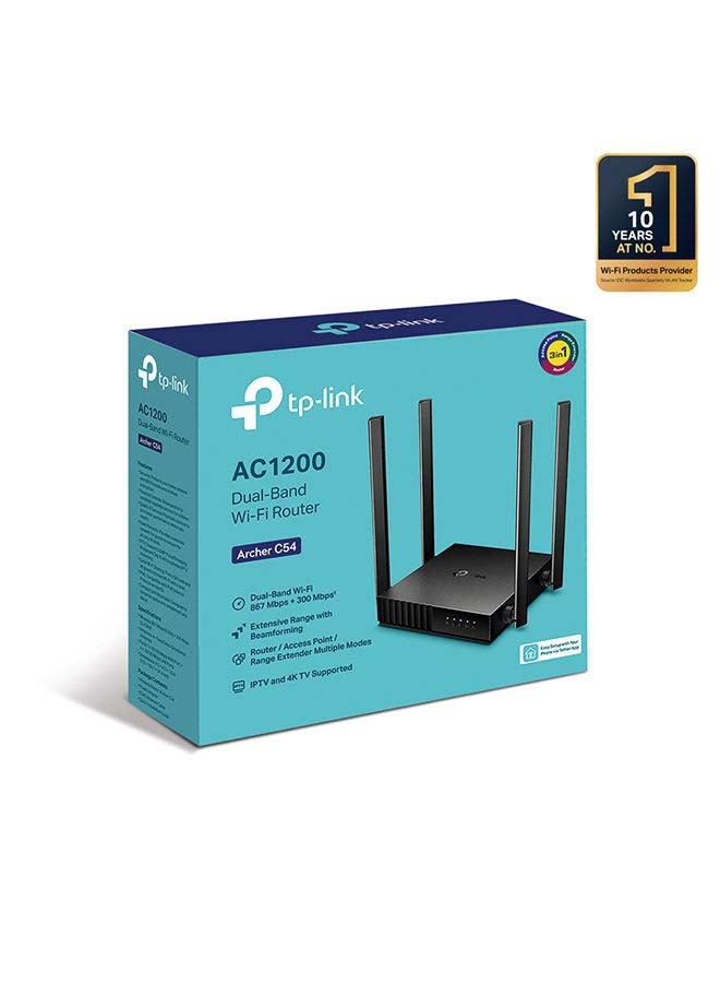 Archer C54 AC1200 Dual Band Wireless MU-MIMO Router, 4 External Antennas, Multi-Mode 3 in 1, Long Range Coverage, Parental Controls Black 