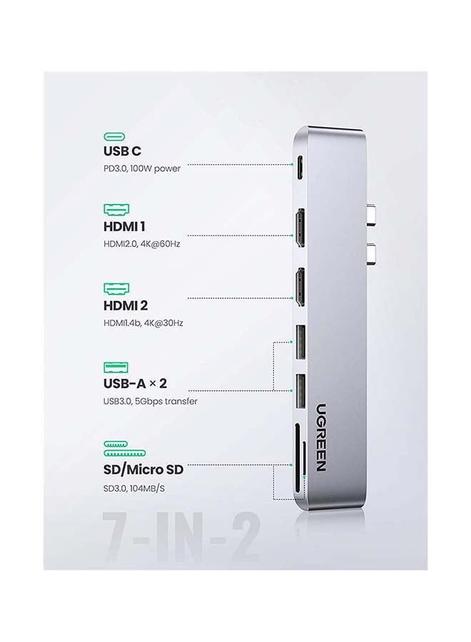 Ugreen - USB C Hub Adapter 7 in 1 For M1 Macbook Pro Air 2018 2019 2020 to Dual 4K HDMI Ports 2 USB 3.0 Ports SD/Micro SD Card Readers Thunderbolt 3 100W PD Charging Silver - Image 1