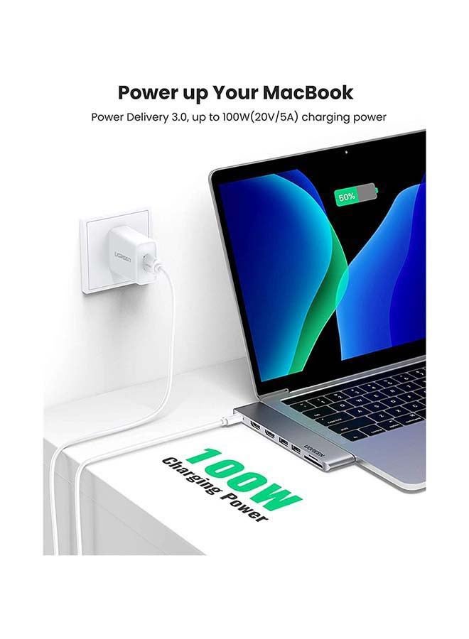 Ugreen - USB C Hub Adapter 7 in 1 For M1 Macbook Pro Air 2018 2019 2020 to Dual 4K HDMI Ports 2 USB 3.0 Ports SD/Micro SD Card Readers Thunderbolt 3 100W PD Charging Silver - Image 1