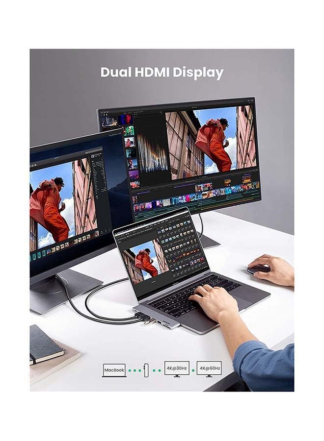 Ugreen - USB C Hub Adapter 7 in 1 For M1 Macbook Pro Air 2018 2019 2020 to Dual 4K HDMI Ports 2 USB 3.0 Ports SD/Micro SD Card Readers Thunderbolt 3 100W PD Charging Silver - Image 1