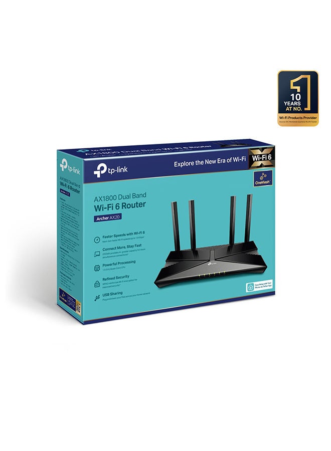 TP-LINK - Archer AX20 AX1800 Dual Band WiFi 6 Router, Quad-Core Processing, Gigabit LAN & USB Ports, WPA3 Cyber Security, Parental Controls, Long Range Coverage, Works with Alexa Black - Image 1
